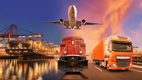 Diferentes modais de transporte, incluindo portuário, ferroviário, rodoviário e aeroportuário, representando logística global ao entardecer. Diferentes modais de transporte, incluindo portuário, ferroviário, rodoviário e aeroportuário, representando logística global ao entardecer.